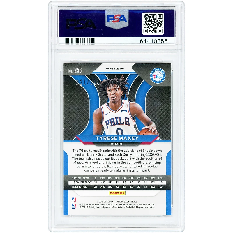 Carte recrue Tyrese Maxey Philadelphia 76ers 2020-21 Panini Prizm Red Prizm n° 256 n° 21/299 authentifiée PSA 9