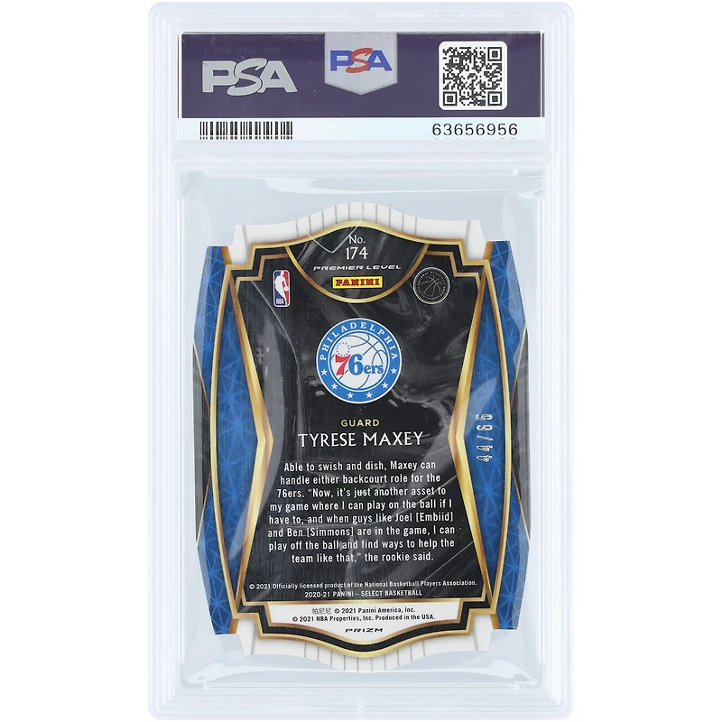 Carte recrue Tyrese Maxey Philadelphia 76ers 2020-21 Panini Select Die Cut Orange Prizm n° 174 n° 44/65 authentifiée PSA 10