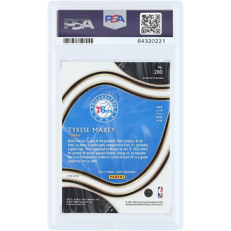 Carte recrue Tyrese Maxey Philadelphia 76ers 2020-21 Panini Select Neon Orange Pulsar Prizm n° 280, n° 13/15, authentifiée PSA 9