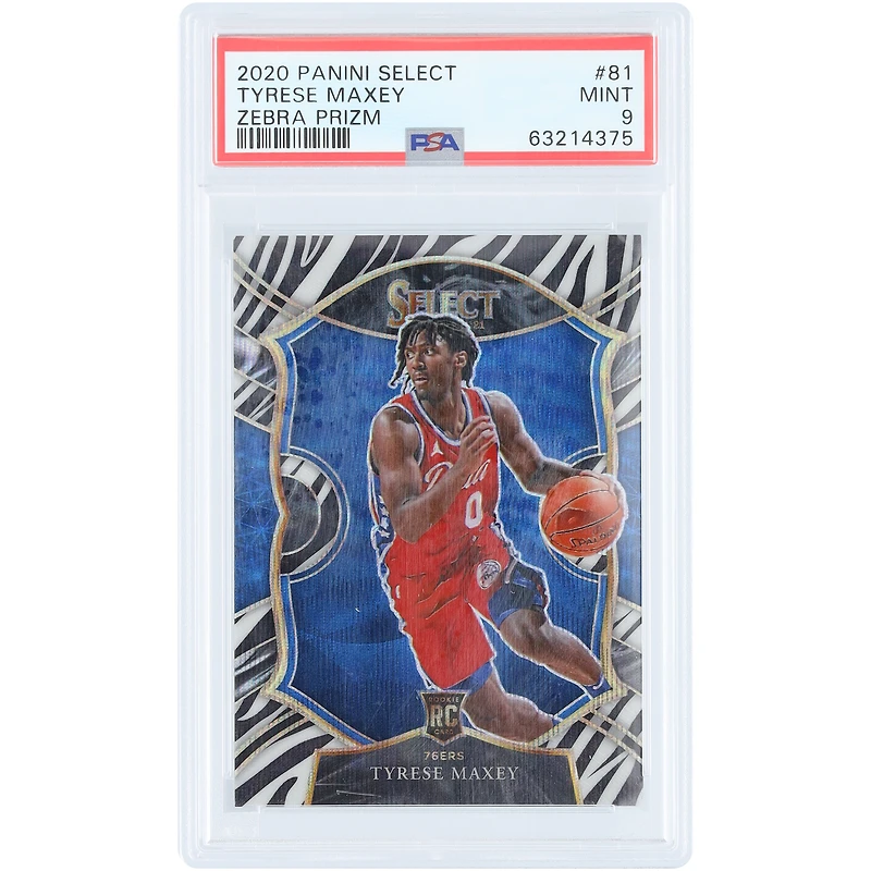 Carte recrue Tyrese Maxey Philadelphia 76ers 2020-21 Panini Select Zebra Prizm Case Hit #81 authentifiée PSA 9