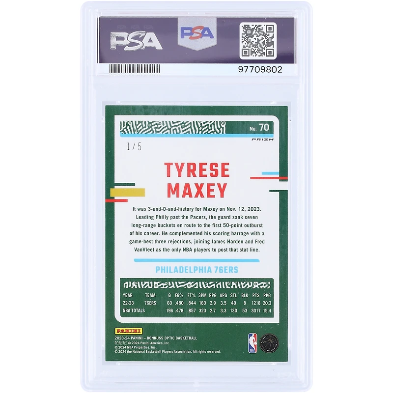 V106832 76ers Tyrese Maxey Philadelphia 76ers 2023-24 Panini Donruss Optic Green Prizm #70 #1/5 Authentifiée PSA 8.5 Carte 0 Tyrese Maxey UNS PAA TRADING CARDS 45993 COLTRC CC01BK2114 #1