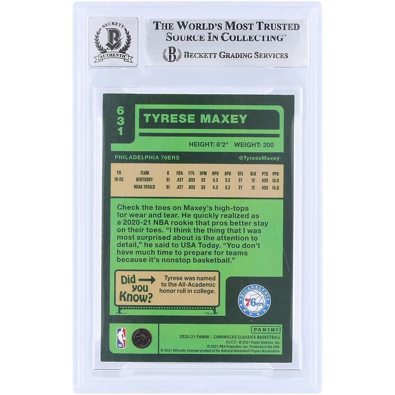 Tyrese Maxey Philadelphia 76ers Autographed 2020-21 Panini Chronicles Classic #631 Beckett Fanatics Witnessed Authenticated 10 Rookie Card 