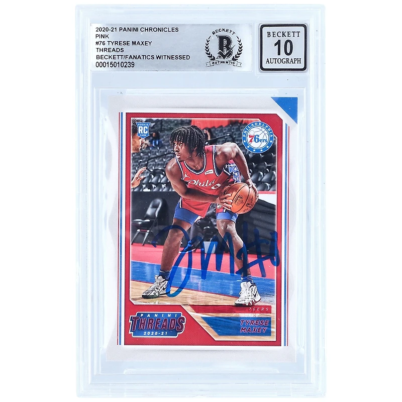 Carte de recrue 10 authentifiée signée Tyrese Maxey Philadelphia 76ers 2020-21 Panini Chronicles Threads #76 Beckett Fanatics Witnessed
