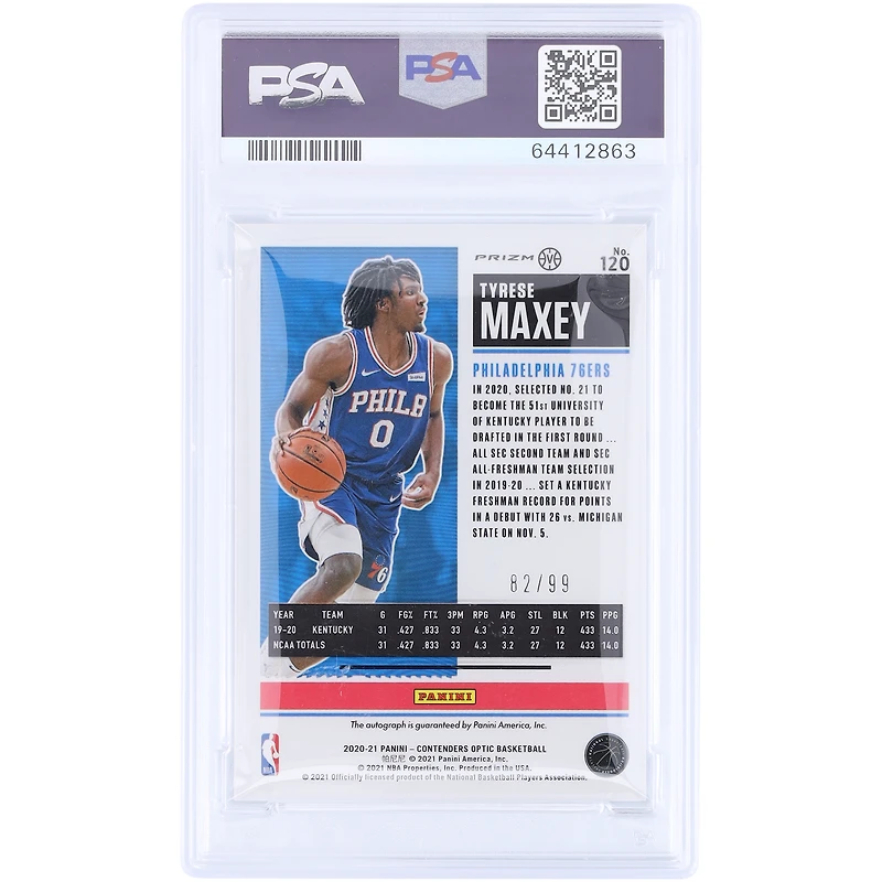 Carte de recrue autographiée de Tyrese Maxey (Philadelphia 76ers) 2020-21 Panini Contenders Optic Red Prizm, variante Ticket n° 120, n° 82/99, authentifiée PSA 10.