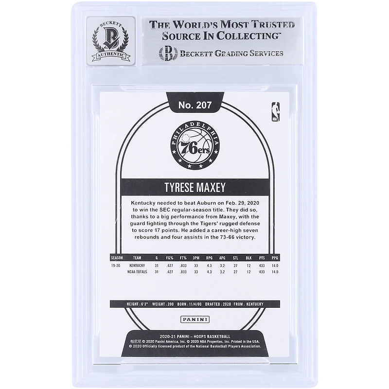 Tyrese Maxey Philadelphia 76ers Autographed 2020-21 Panini Hoops #207 Beckett Fanatics Witnessed Authenticated 10 Rookie Card