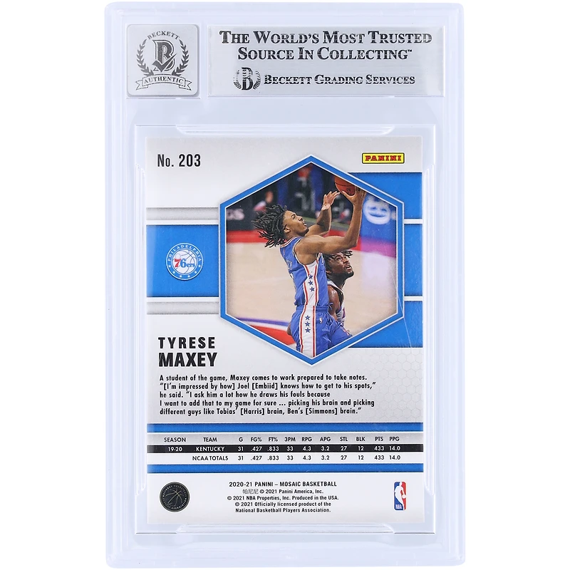 Tyrese Maxey Philadelphia 76ers Autographed 2020-21 Panini Mosaic #203 Beckett Fanatics Witnessed Authenticated 10 Rookie Card 