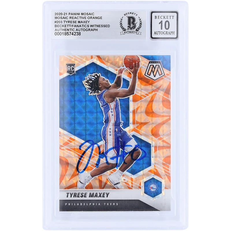Tyrese Maxey Philadelphia 76ers Autographié 2020-21 Panini Mosaic Orange Reactive Prizm #203 Beckett Fanatics Witnessed Authenticated 10 Rookie Card