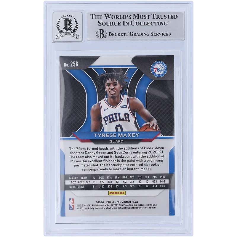 Carte de recrue Panini Prizm #256 autographiée 2020-21 de Tyrese Maxey des Philadelphia 76ers, Beckett Fanatics Witnessed Authenticated 10 Rookie