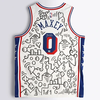 Tyrese Maxey Philadelphia 76ers Autographed White Nike 2020-21 Association Edition Swingman Jersey - Art by Alex Alpert - Limited Edition of #1/1 - NF70444533