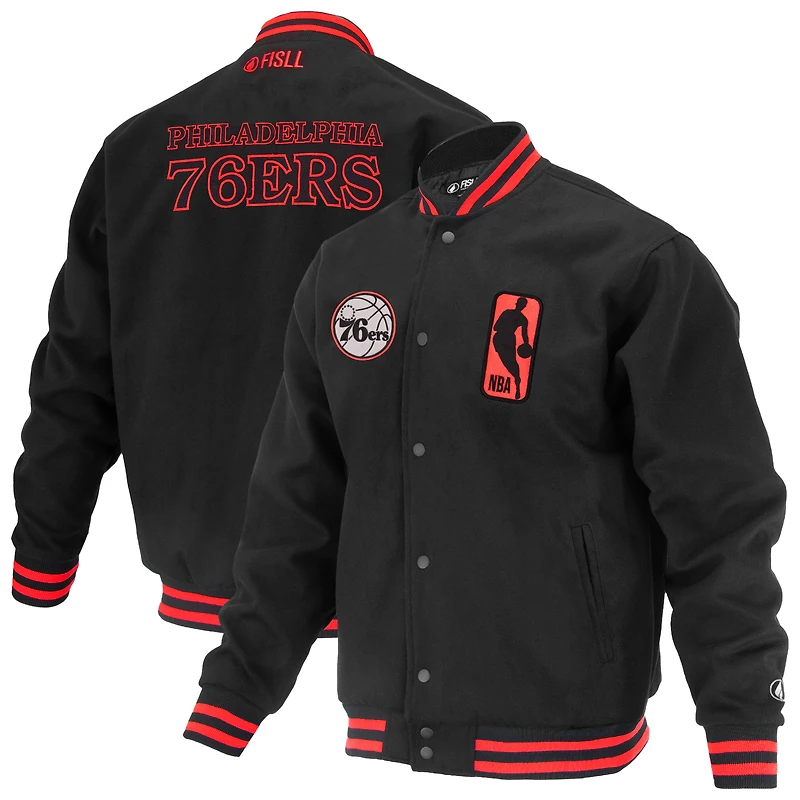 Veste universitaire unisexe FISLL noire Philadelphia 76ers Logoman Shadow Collection à boutons-pression