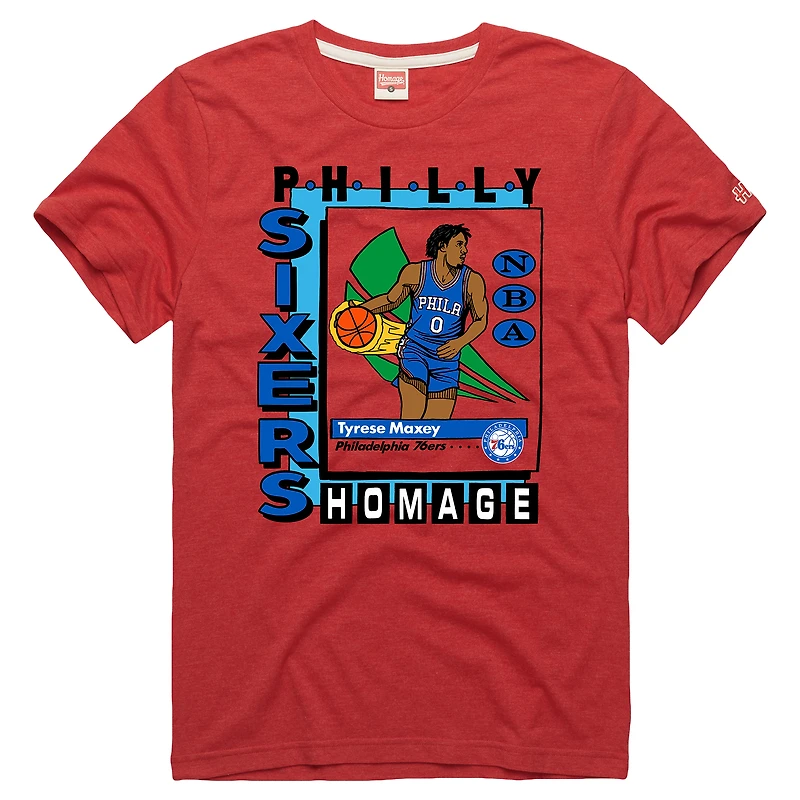 T-shirt unisexe en mélange de trois matières, hommage à Tyrese Maxey, rouge, Philadelphia 76ers, Topps Trading Card