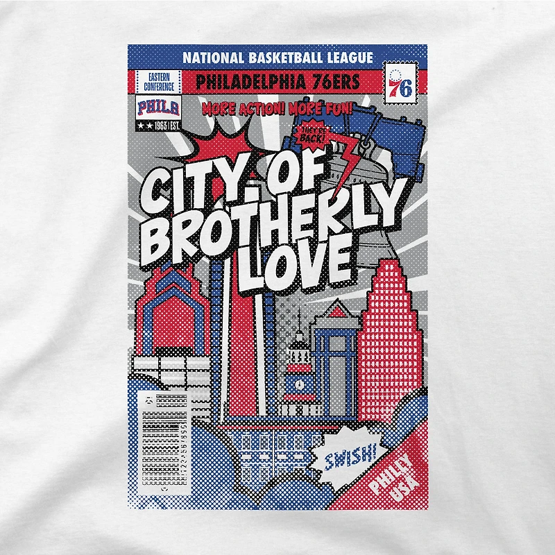 T-shirt unisexe Stadium Essentials blanc Philadelphia 76ers, coupe carrée, motif couverture de bande dessinée