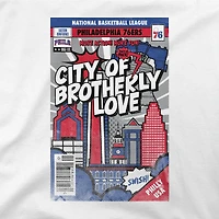 T-shirt unisexe Stadium Essentials blanc Philadelphia 76ers, coupe carrée, motif couverture de bande dessinée