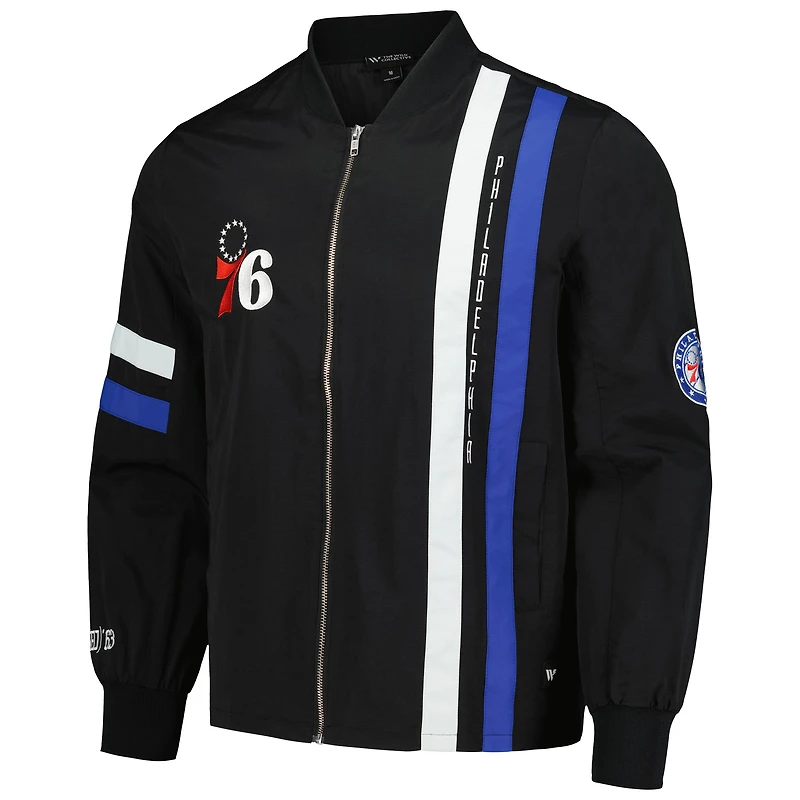 Blouson aviateur unisexe The Wild Collective noir Philadelphia 76ers Stitch Applique entièrement zippé