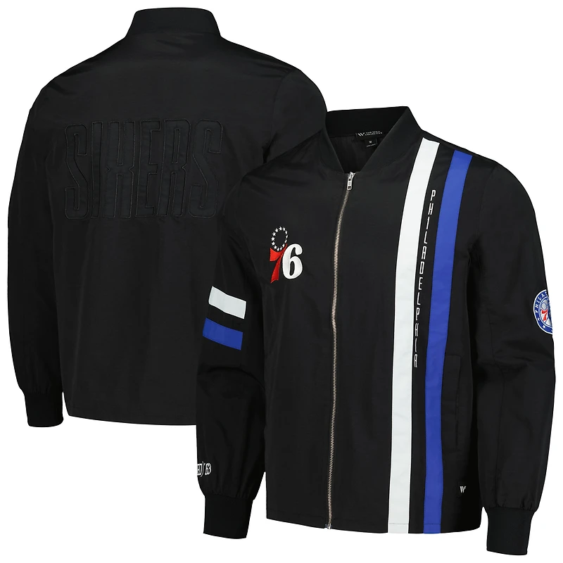 Blouson aviateur unisexe The Wild Collective noir Philadelphia 76ers Stitch Applique entièrement zippé