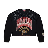 Women's Mitchell & Ness  Black Philadelphia 76ers Hardwood Classics Studded Boxy Cropped Long Sleeve T-Shirt