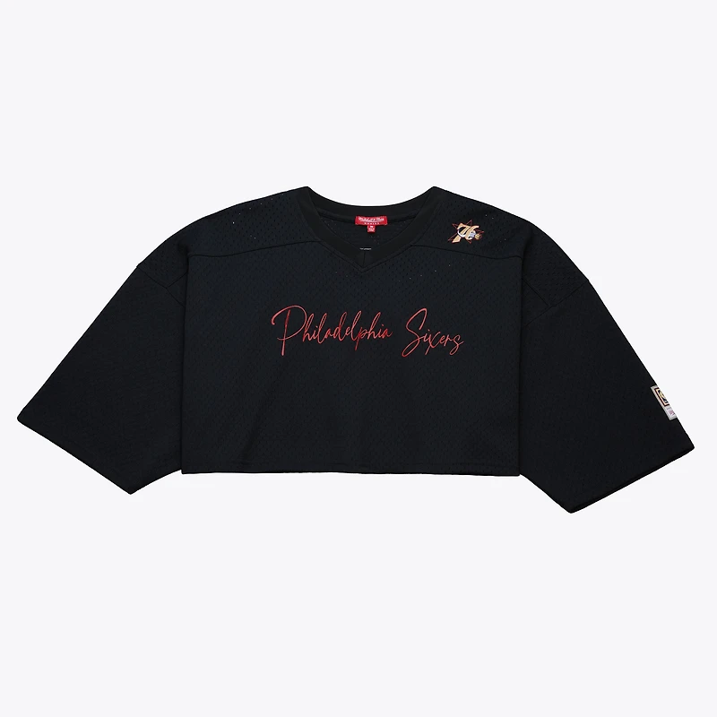 Women's Mitchell & Ness Black Philadelphia 76ers High Crop Mesh V-Neck Fashion Jersey