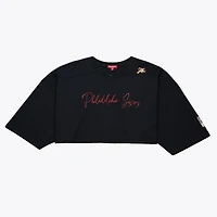 Women's Mitchell & Ness Black Philadelphia 76ers High Crop Mesh V-Neck Fashion Jersey