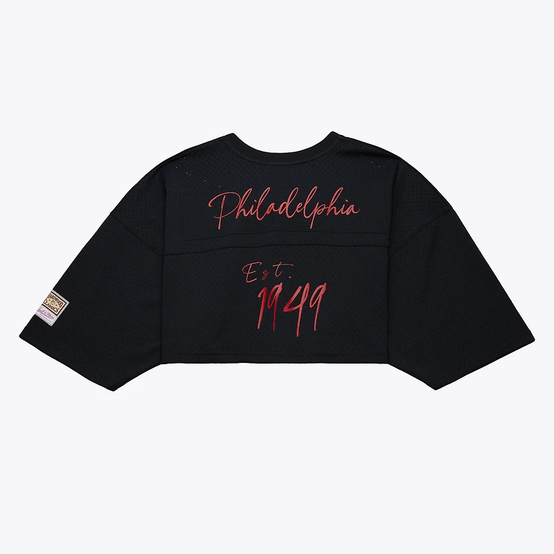 Women's Mitchell & Ness Black Philadelphia 76ers High Crop Mesh V-Neck Fashion Jersey
