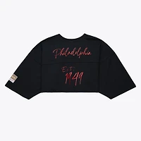 Women's Mitchell & Ness Black Philadelphia 76ers High Crop Mesh V-Neck Fashion Jersey