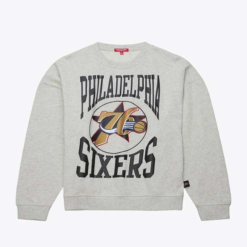 Women's Mitchell & Ness Heather Gray Philadelphia 76ers 3.0 Logo Lightweight Sweatshirt