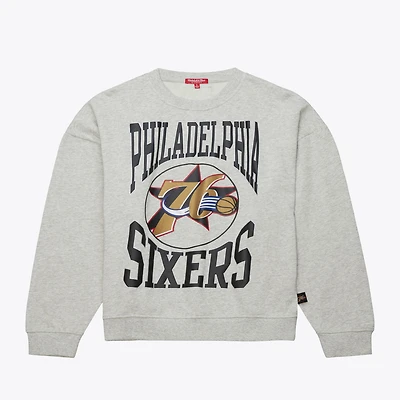 Women's Mitchell & Ness Heather Gray Philadelphia 76ers 3.0 Logo Lightweight Sweatshirt