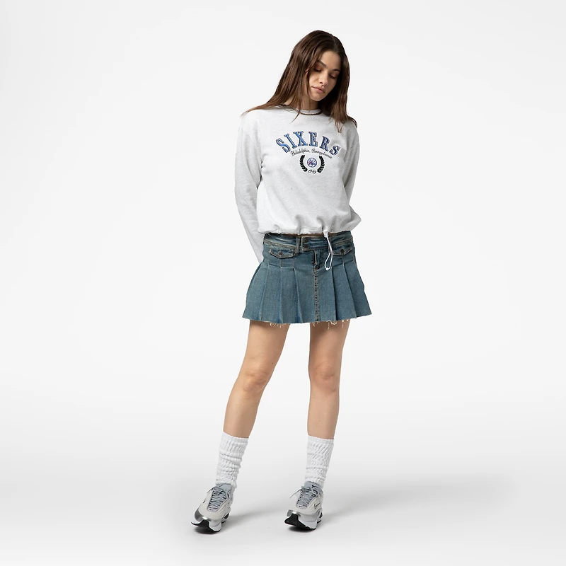 Women's Mitchell & Ness Heather Gray Philadelphia 76ers Crop Fleece Toggle Crewneck