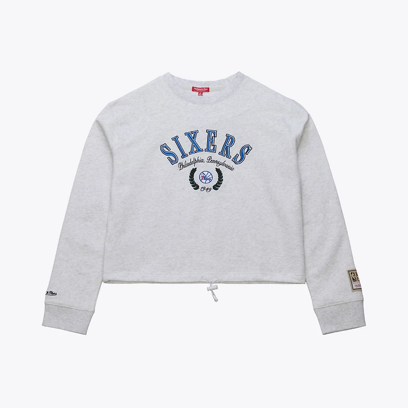 Pull-over court en polaire Mitchell & Ness pour femme, gris chiné, Philadelphia 76ers