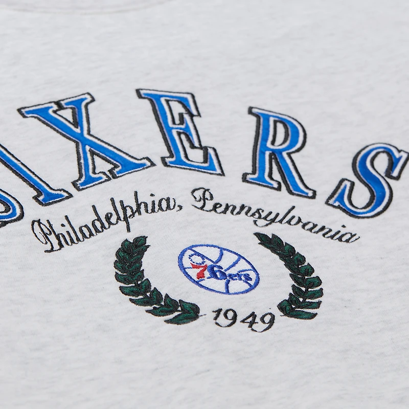 Women's Mitchell & Ness Heather Gray Philadelphia 76ers Crop Fleece Toggle Crewneck