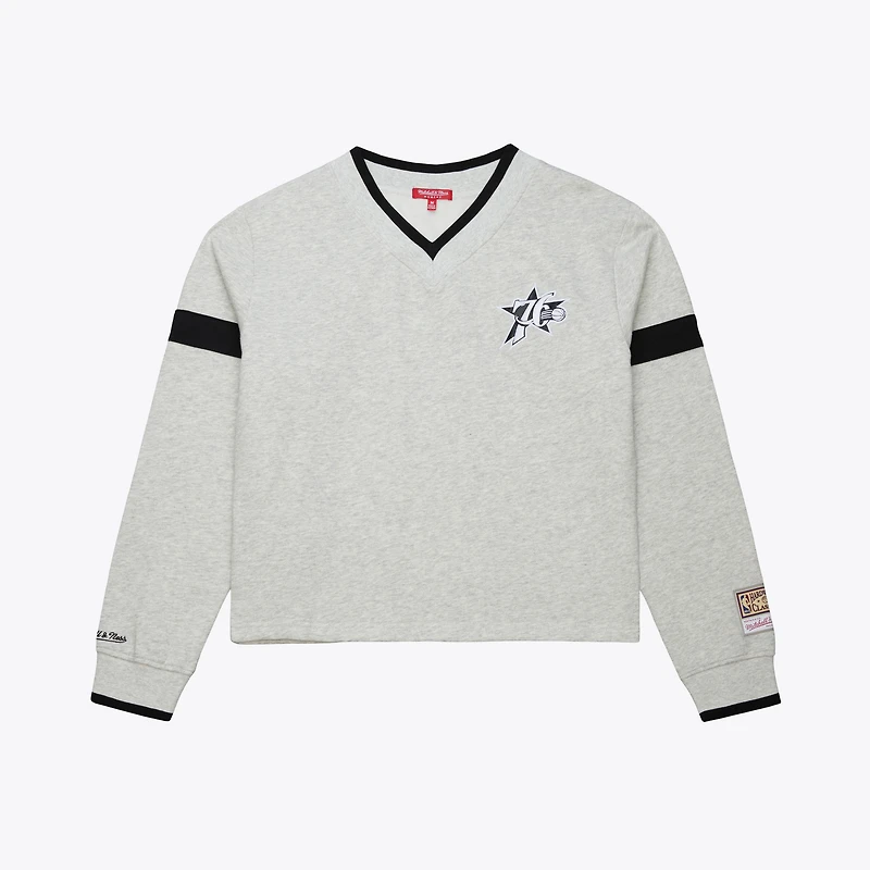 Women's Mitchell & Ness  Heather Gray Philadelphia 76ers Cropped V-Neck Sweatshirt