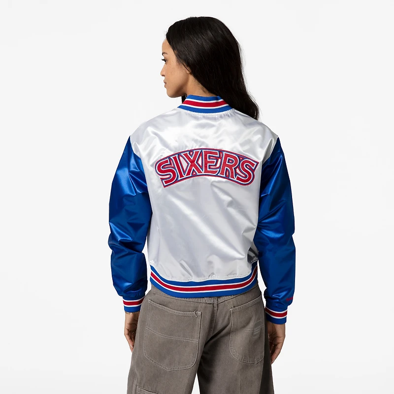 Women's Mitchell & Ness  White Philadelphia 76ers Cropped Satin Full-Snap Jacket
