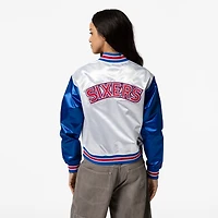 Women's Mitchell & Ness  White Philadelphia 76ers Cropped Satin Full-Snap Jacket