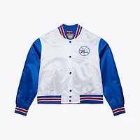 Women's Mitchell & Ness  White Philadelphia 76ers Cropped Satin Full-Snap Jacket