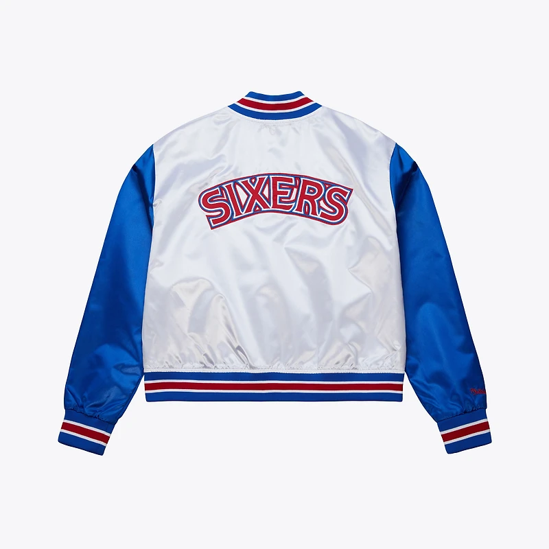 Women's Mitchell & Ness  White Philadelphia 76ers Cropped Satin Full-Snap Jacket