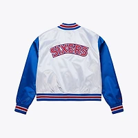 Women's Mitchell & Ness  White Philadelphia 76ers Cropped Satin Full-Snap Jacket