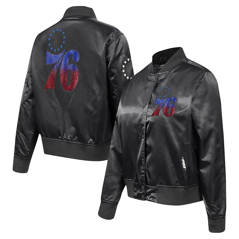 Veste Pro Standard noire à boutons-pression en satin strass des Philadelphia 76ers pour femme