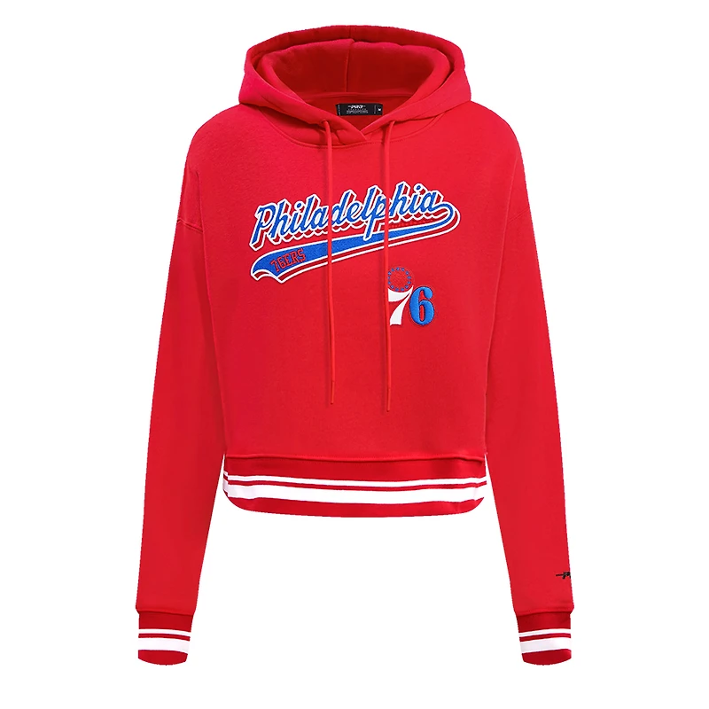 Women's Pro Standard Red Philadelphia 76ers Script Tail Cropped Pullover Hoodie