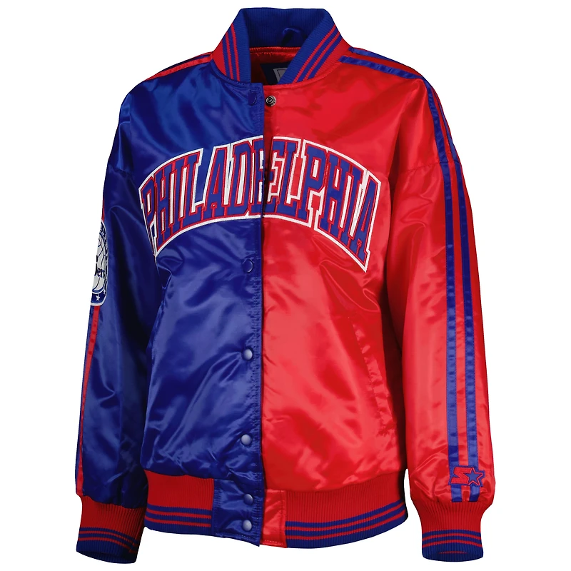 Women's Starter Royal/Red Philadelphia 76ers Split Colorblock Satin Full-Snap Varsity Jacket