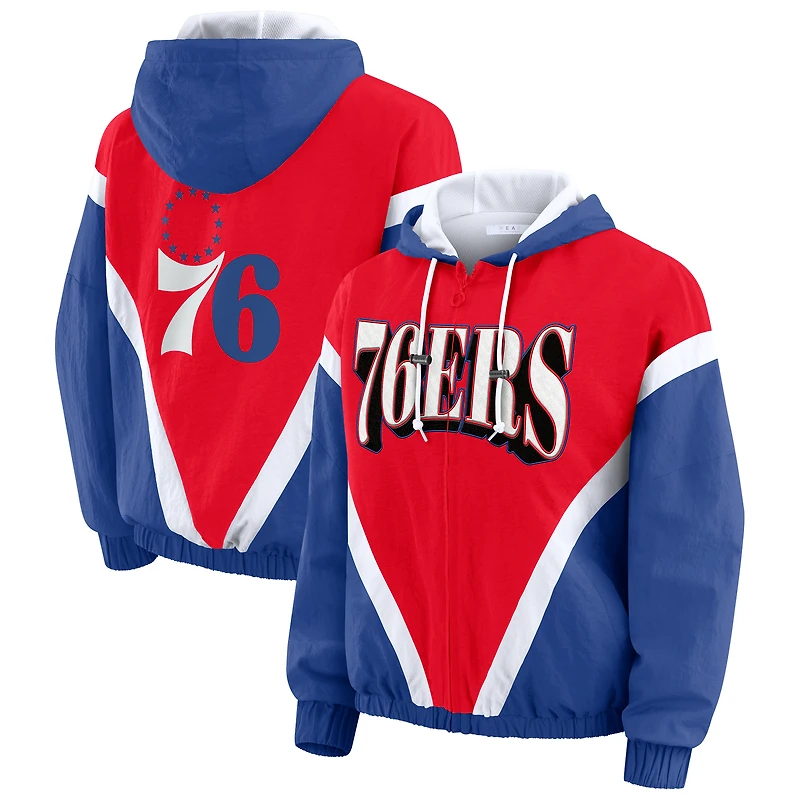 Women's WEAR by Erin Andrews Red/Royal Philadelphia 76ers Colorblock Full-Zip Hoodie Windbreaker Jacket