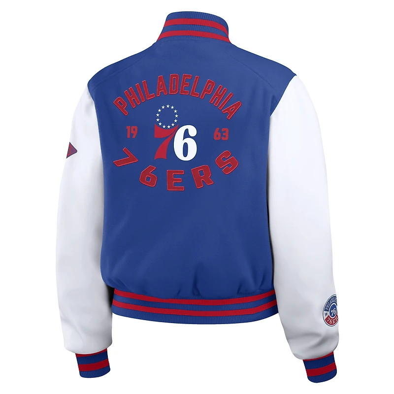 Veste courte zippée style universitaire WEAR by Erin Andrews Royal/White Philadelphia 76ers pour femme