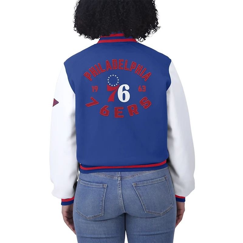Women's WEAR by Erin Andrews Royal/White Philadelphia 76ers Cropped Varsity Full-Zip Jacket