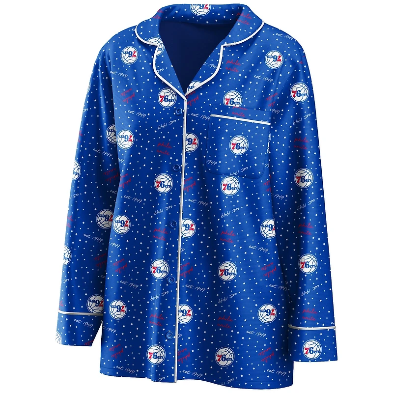 Women's WEAR by Erin Andrews Royal Philadelphia 76ers Long Sleeve Button-Up Shirt & Pants Sleep Set