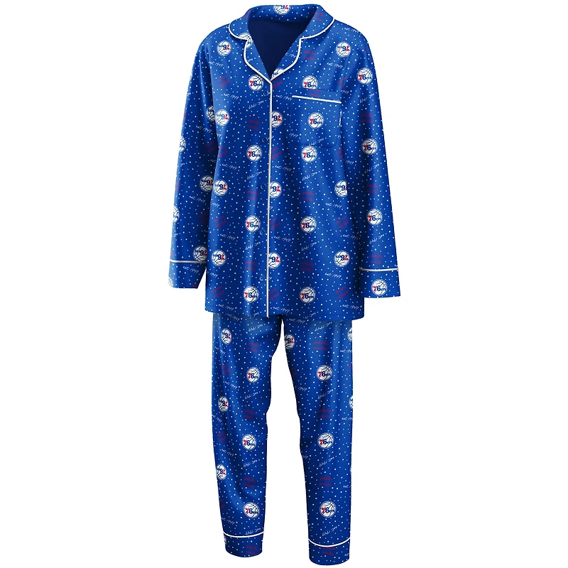 Women's WEAR by Erin Andrews Royal Philadelphia 76ers - Long Sleeve Button-Up Shirt & Pants Sleep Set