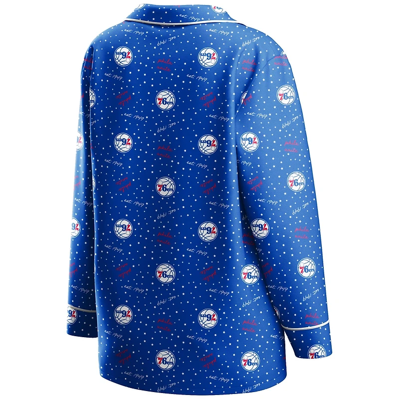 Women's WEAR by Erin Andrews Royal Philadelphia 76ers - Ensemble de nuit chemise et pantalon boutonnés à manches longues
