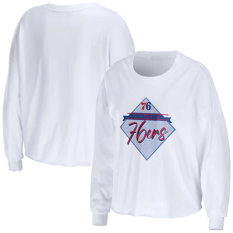 T-shirt court blanc à manches longues WEAR by Erin Andrews des Philadelphia 76ers pour femmes