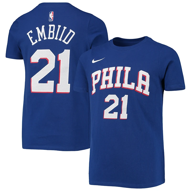 T-shirt performance Nike Joel Embiid Royal Philadelphia 76ers avec nom et numéro pour jeune
