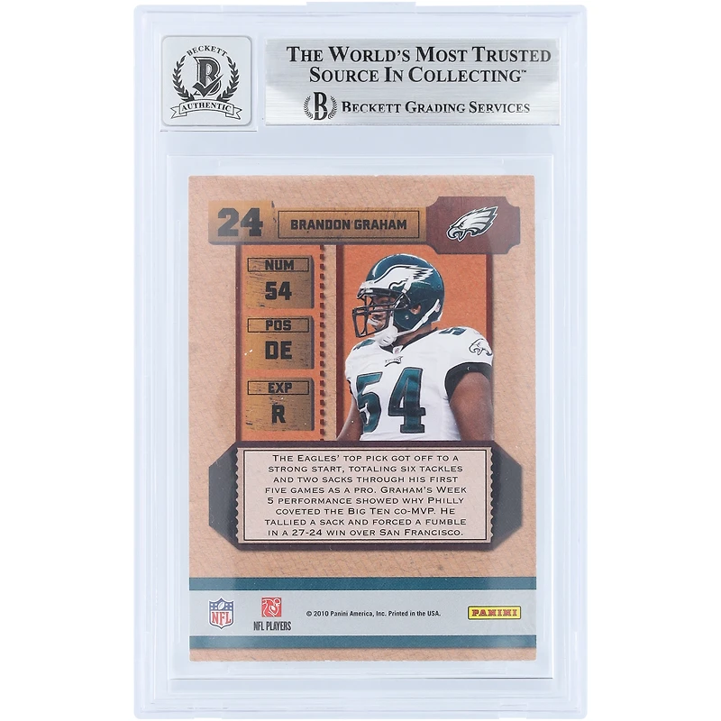 Carte de recrue autographiée de Brandon Graham (Philadelphia Eagles), série Panini Playoff Contenders 2010, prétendant au titre de recrue de l'année, numéro 24 Beckett, authentifiée par Fanatics Witnessed (note 9/10).