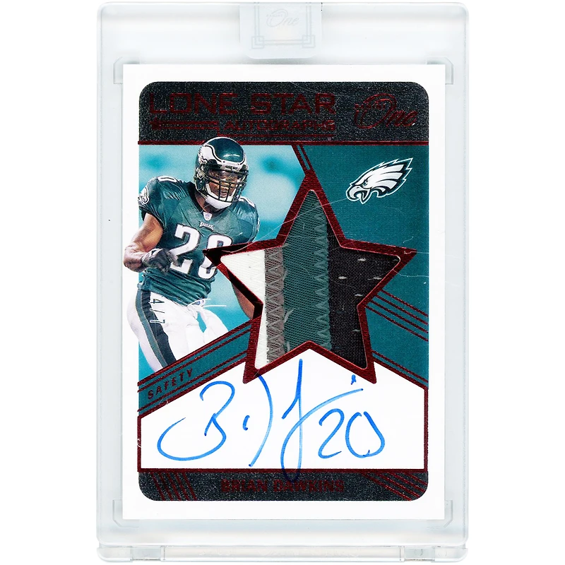 Carte autographiée de Brian Dawkins (Philadelphia Eagles) - Collection Panini One Red Lone Star 2021 - Relique Quad-Color utilisée en match - Numéro 84 - Numéro 4/7