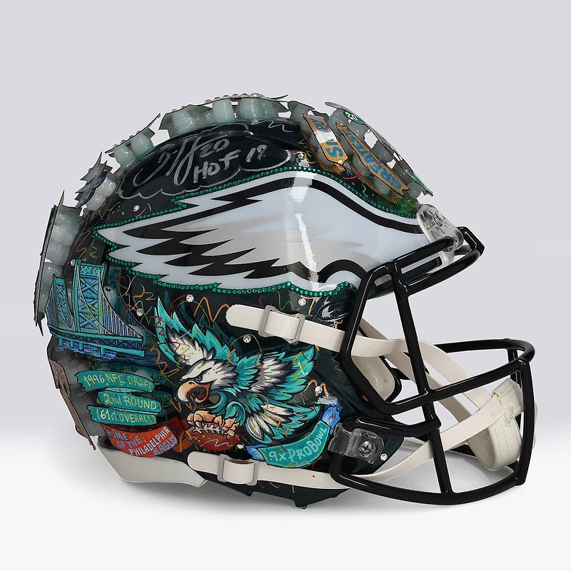 Casque Riddell Speed Authentic autographié par Brian Dawkins (Philadelphia Eagles) avec inscription « HOF 18 » - Illustration de Charles Fazzino - WN55916223