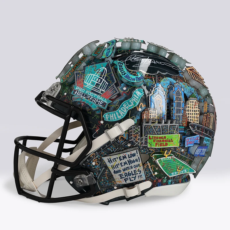 Brian Dawkins Philadelphia Eagles Autographed Riddell Speed Authentic Helmet with "HOF 18" Inscription - Art by Charles Fazzino - WN55916223